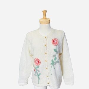 Vintage White Cottage Embroidered Beaded Floral Grandma Knit Cardigan Sw…